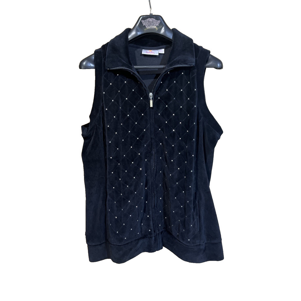 Quacker Factory Vest Womens Large Black Velour Quilt Bejeweled Grandma Glam